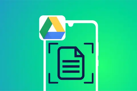 Icône du **google drive scanner** sur un fond dégradé vert. Le logo Google Drive flotte au-dessus d'une icône de document dans un cadre de numérisation.