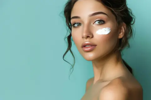 Frau mit Creme auf der Wange, die auf die Vorteile von Bakuchiol hinweist, ohne bekannte Nebenwirkungen.