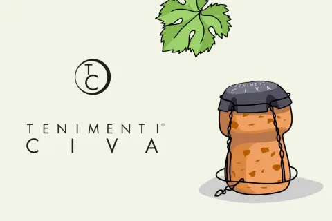 Tappo di sughero con logo "Tenimenti Civa" e foglia di vite, simbolo delle bollicine italiane.
