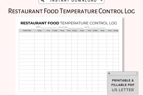 Karta kontroli temperatury w urządzeniach chłodniczych restauracji. Dokument zawiera kolumny na pozycję, temperaturę, czas i inicjały.