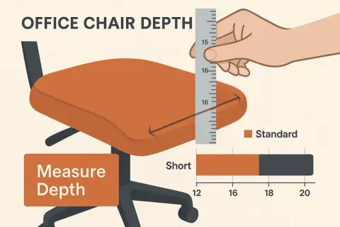 Illustration showing how to measure room for furniture, specifically the depth of an office chair. A ruler measures the seat depth.