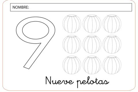 Ficha número 9: un gran número 9 junto a nueve pelotas para colorear.