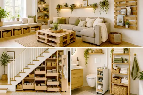 Inspirerande idéer för diy inredning: vardagsrum med pallbord, smart förvaring under trappan och ett stilrent badrum.