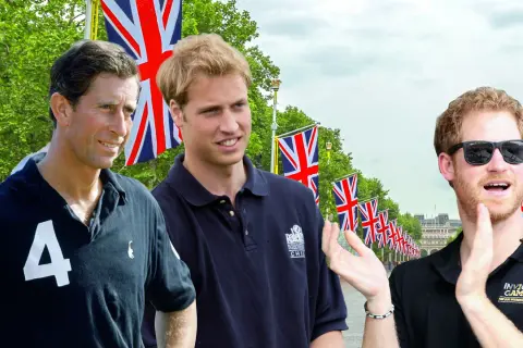 Prinz Charles, William und Harry diskutieren, ob das Polohemd in die Hose gehört. Britische Flaggen im Hintergrund.