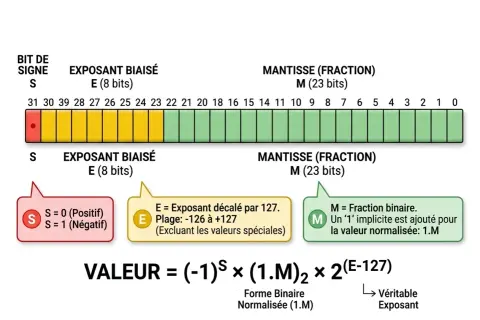 Représentation d'un nombre flottant double précision (double Java) : bit de signe, exposant biaisé et mantisse.