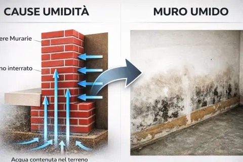 L'umidità del terreno risale attraverso i mattoni, causando danni e muffa. I mattoni che si sgretolano sono un segnale di questo problema.