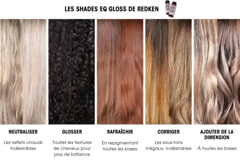 Cinq échantillons de différentes couleurs de cheveux, du blond clair au brun foncé, illustrant les différentes couleurs de cheveux obtenues avec Redken Shades EQ Gloss.