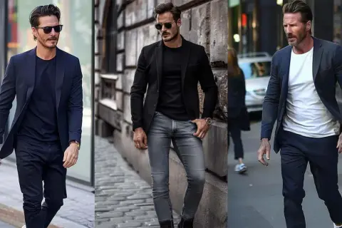 Drei Männer in stilvollen Outfits: Ein dunkelblauer Anzug mit T-Shirt, ein schwarzer Blazer mit grauem Jeans und ein dunkelblauer Anzug mit weißem T-Shirt.
