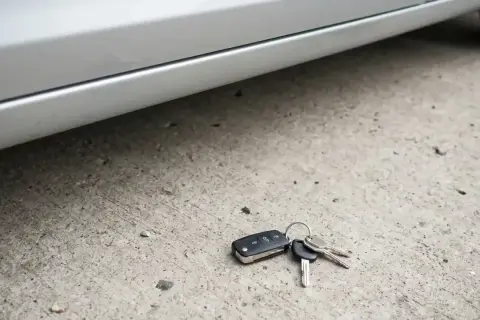 Zgubione kluczyki od samochodu leżą na betonie pod progiem auta. Brak zapasowych, co oznacza kłopoty.