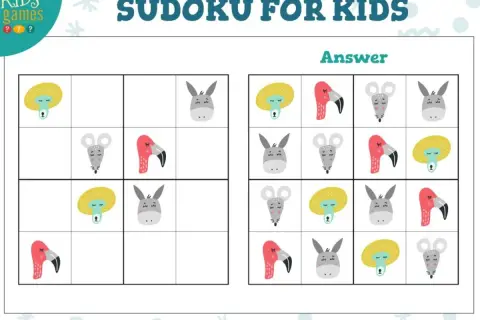 Klocki sudoku z uroczymi zwierzątkami: flaming, myszka, osiołek i słoneczko. Obok rozwiązanie zagadki.