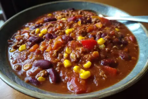 En skål med mustig vegetarisk chili con carne, full av bönor, majs och paprika. Perfekt för en mysig middag.