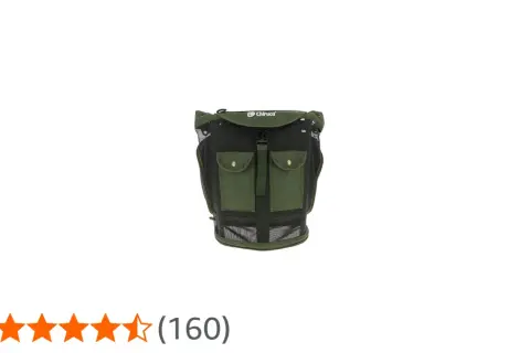 Mochila de malla verde con bolsillos, ideal para recolectar setas.