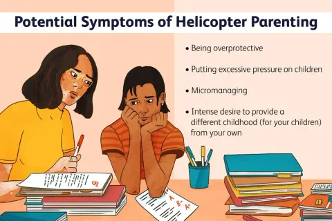 Zestawienie objawów helicopter parenting: nadopiekuńczość, presja, mikrozarządzanie. Młoda osoba zrezygnowana przy nauce.