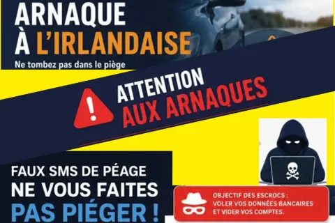 Attention aux arnaques ! Ne tombez pas dans le piège des faux SMS de péage. L'objectif des escrocs est de voler vos données bancaires. Tentative d'escroquerie code pénal.