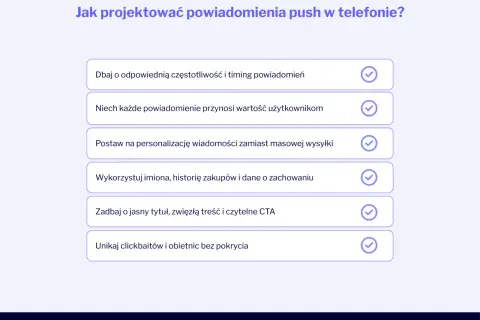 Grafika przedstawia listę wskazówek dotyczących projektowania powiadomień push, z zaznaczonymi elementami.