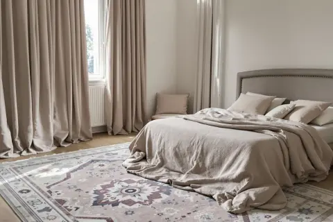 Chambre paisible avec lit douillet, tapis orné et rideaux épais pour une isolation phonique mur chambre parfaite.