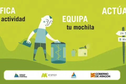 Ilustración que explica qué es el senderismo: planificar, equipar mochila y actuar con prudencia. Personajes y señales de ruta.