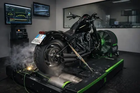 Moto negra en dinamómetro, lista para aumentar caballos. No es un coche diésel, ¡es pura potencia!