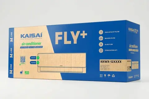 Klimatyzator Kaisai Fly+ 3.5 kW. Opakowanie informuje o funkcjach i klasie energetycznej, pomagając ocenić, ile prądu zużywa klimatyzacja 3.5 kW.