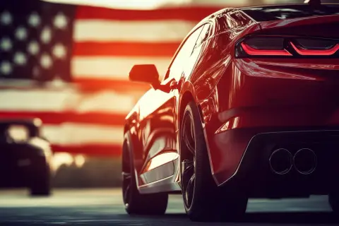Błyszczący, czerwony samochód sportowy, symbol amerykańskich samochodów, na tle flagi USA.