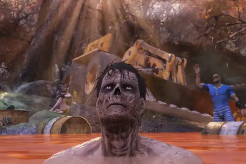 Postapokaliptyczny krajobraz, zmutowany człowiek w wodzie, koparka i szkielet. Kiedy fallout 5?