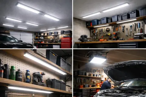 Jasne, oto opis:

Jasne, nowoczesne oświetlenie garażu bez prądu. Długie, białe lampy LED zamontowane na suficie i półkach zapewniają doskonałą widoczność. Widać narzędzia, samochód i skrzynki.