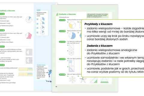 Ilustracja przedstawia strony z podręcznika matematyki z przykładami i zadaniami dotyczącymi ułamków i figur geometrycznych.