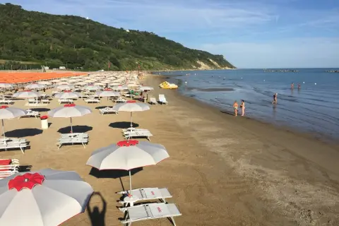 Ampia baia flaminia spiaggia con file di ombrelloni e lettini, bagnanti in acqua e una collina verde sullo sfondo.
