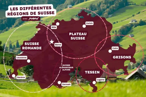 Carte des régions suisses : Suisse romande, Plateau suisse, Grisons, Tessin. Un guide suisse pour découvrir le pays.