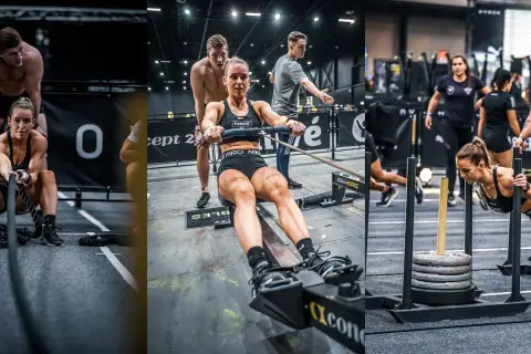 Kobiety wykonują ćwiczenia w stylu Hyrox: ciągną liny, wiosłują i pchają sanie. To wyzwanie dla wytrzymałych!