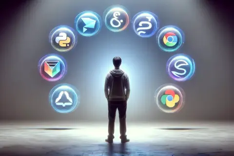 Un développeur face à un arc lumineux d'icônes représentant tous les langages de programmation.