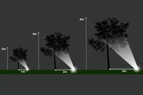 Ilustracja pokazuje, co ile metrów lampy ogrodowe oświetlają drzewa o różnej wysokości: 1m, 2m i 4m.