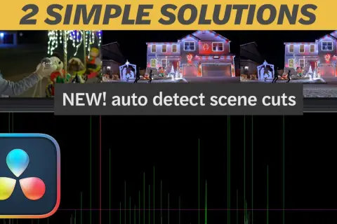 DaVinci Resolve scene cut detection helps simplify editing holiday footage. The image shows a child with Christmas lights and a timeline with detected cuts.