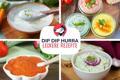 Vier bunte Dips, perfekt für Focaccia: Cremig-grüner Kräuterquark, rote Paprika-Creme, helle Limetten-Creme und gelber Dip mit Gewürzen.