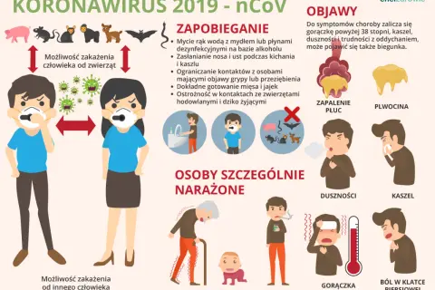 Grafika o pandemii koronawirusa: zapobieganie, objawy, grupy ryzyka. Ilustracje pokazują higienę, dystans, zwierzęta, objawy jak kaszel, gorączka.