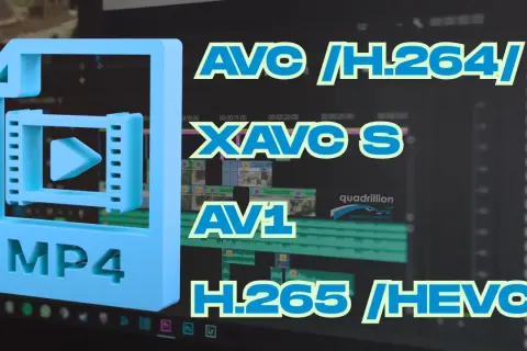 Ikony MP4 i napisy AVC/H.264/, XAVC S, AV1, H.265/HEVC/ na tle edytora wideo. Wybór kodeka wpływa na bitrate.