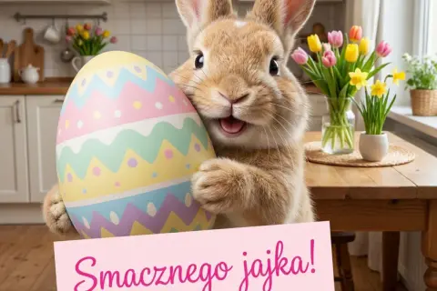 Uroczy króliczek z wielkanocnym jajkiem i krótkie życzenia wielkanocne: "Smacznego jajka!".