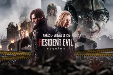 Leon i Ashley w tle płonącego dworu, zapowiedź nowego Resident Evil. Groza i zniszczenie.