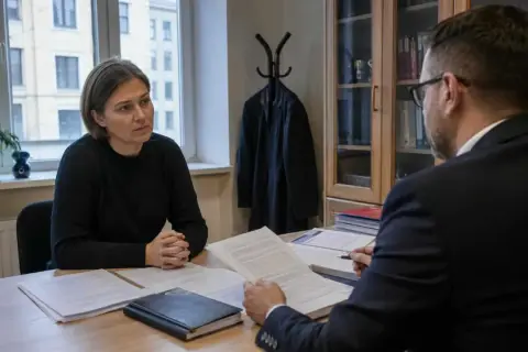 Kobieta rozmawia z prawnikiem o tym, ile wynosi odszkodowanie za mobbing. Na biurku dokumenty i akta.
