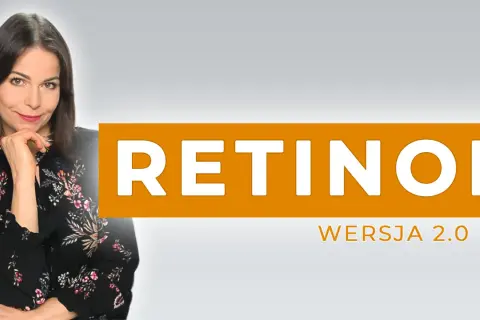 Kobieta z uśmiechem zastanawia się, czy można łączyć retinol z kwasem hialuronowym. Na ekranie napis RETINOL WERSJA 2.0.