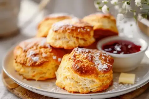 En tallrik med nybakade scones för 2, pudrade med florsocker, serveras med sylt och en klick smör. Perfekt för en mysig fika.