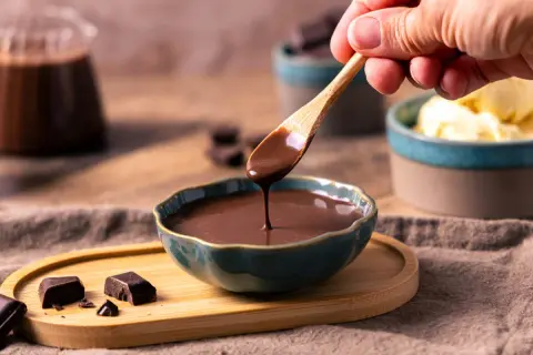 Ein Löffel mit flüssiger Schokosauce tropft in eine Schale. Perfekt für ein schokosauce rezept schnell.