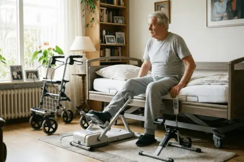 Starszy mężczyzna ćwiczy nogi na rowerku stacjonarnym, wspierając rehabilitację po operacji. Obok stoi chodzik.