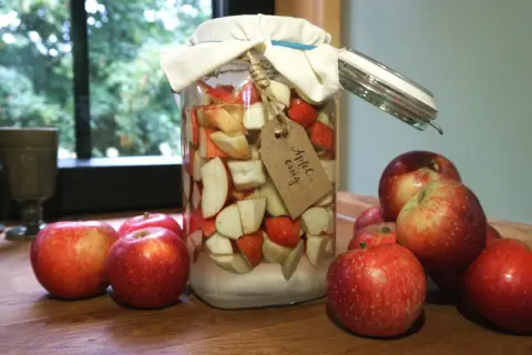 Ein Glas mit Apfelstücken und der Aufschrift "Apfel-essig" steht neben frischen Äpfeln. Manche glauben, Apfelessig hilft gegen Cholesterin.