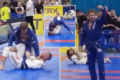 Tom Hardy i jiu jitsu. Skådespelaren tävlar i blå gi, visar upp sina färdigheter på mattan.