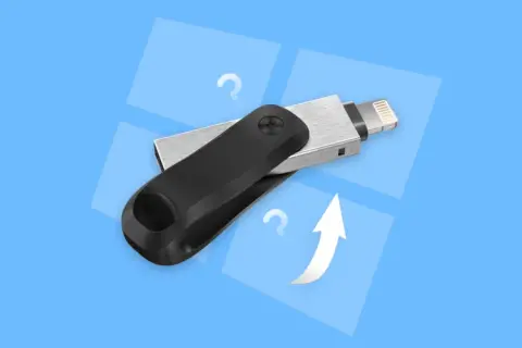 Pendrive z wtyczką Lightning i strzałką odzyskiwania danych na niebieskim tle.