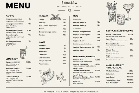 Gdański bowke menu: napoje, herbaty, piwo, kawa, wina, koktajle i mocne alkohole.