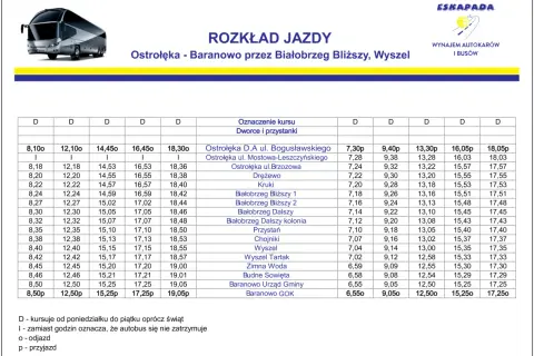 Rozkład jazdy dworzec Ostrołęka - Baranowo przez Białobrzeg Bliższy, Wyszel. Autobusy kursują od poniedziałku do piątku.