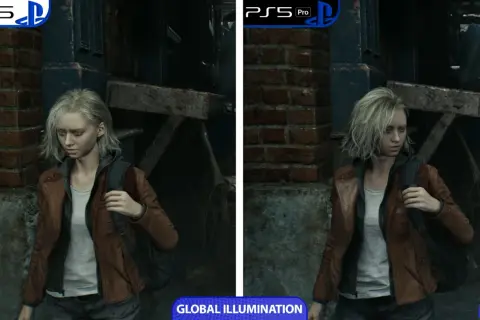 Porównanie grafiki Resident Evil Re:Verse na PS5 i PS5 Pro. Dziewczyna w brązowej kurtce, gotowa na przetrwanie.