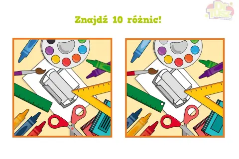 Dwie identyczne ilustracje z przyborami szkolnymi. Znajdź 10 różnic dla dzieci, bawiąc się i ćwicząc spostrzegawczość.